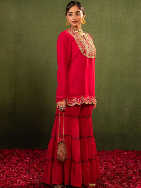 Women Embroidered Thread Work Kurta with Sharara & Dupatta Set VitansEthnics