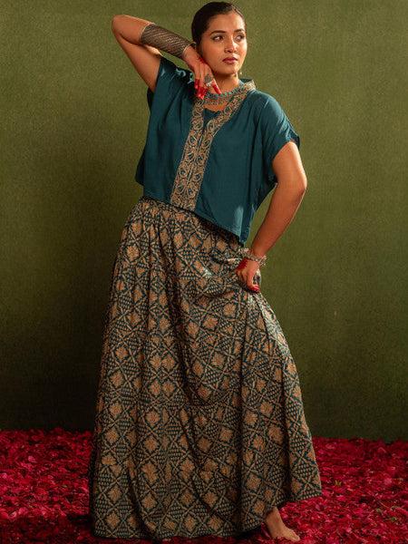 Women Teal Embroidered Top with Skirt Co-ords Set VitansEthnics