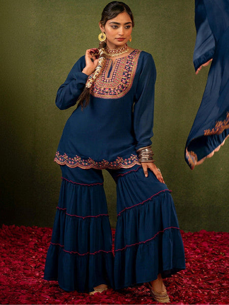 Women Ethnic Motifs Embroidered Kurta with Sharara & Dupatta Set VitansEthnics