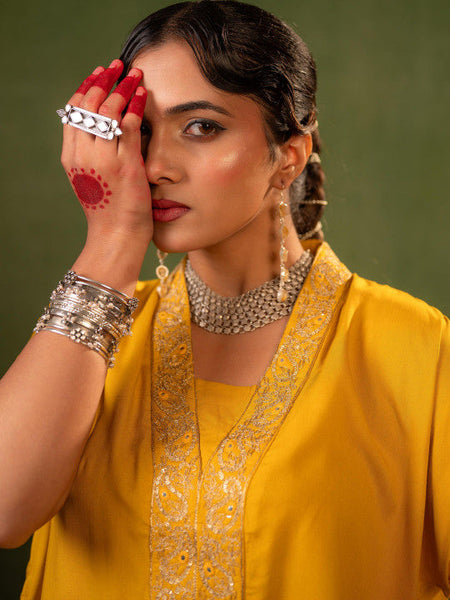 Women Yellow Embroidered Top with Skirt Co-ords Set VitansEthnics