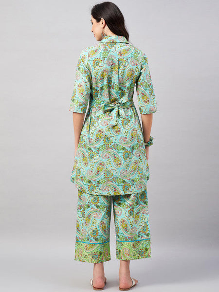 Women Printed Pure Cotton Shirt Collar Top With Trouser Set VitansEthnics