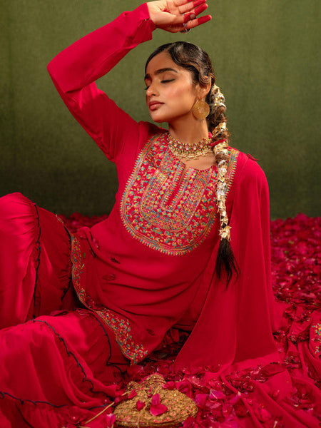 Women Embroidered Thread Work Kurta with Sharara & Dupatta Set VitansEthnics