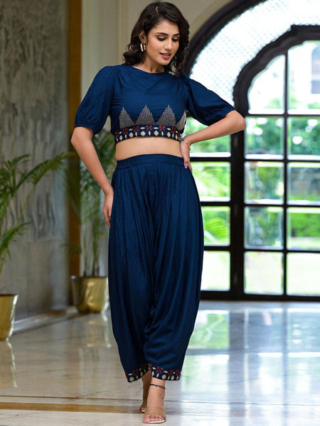 Women Geometric Thread Embroidered Top With Dhoti Pants Co-ords Set VitansEthnics