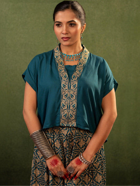 Women Teal Embroidered Top with Skirt Co-ords Set VitansEthnics
