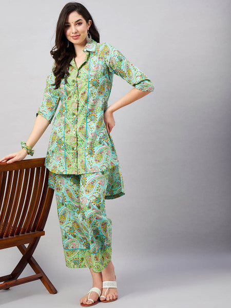 Women Printed Pure Cotton Shirt Collar Top With Trouser Set VitansEthnics