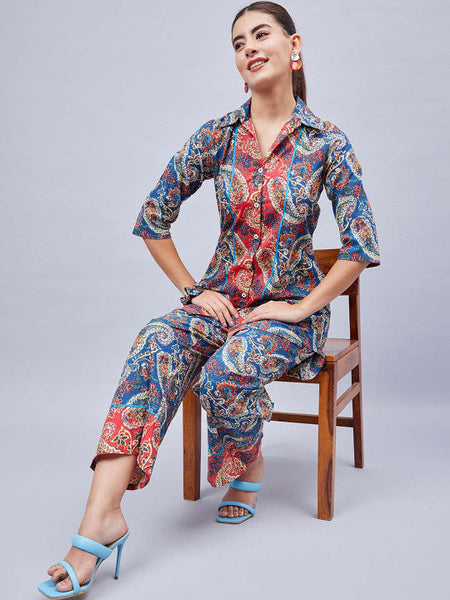 Women Printed Pure Cotton Tunic With Trousers Set VitansEthnics