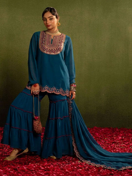 Women Ethnic Motifs Embroidered Kurta with Sharara & Dupatta Set VitansEthnics