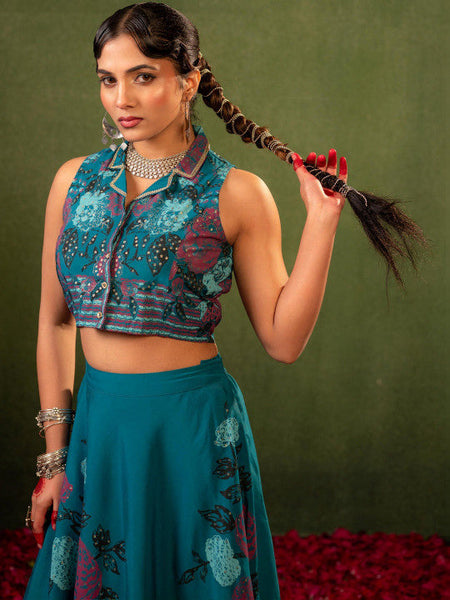 Women Teal Printed Top with Skirt Co-ords Set VitansEthnics