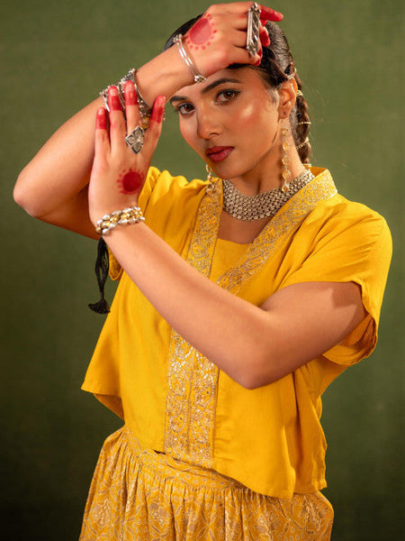 Women Yellow Embroidered Top with Skirt Co-ords Set VitansEthnics