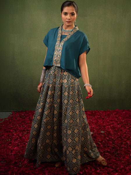 Women Teal Embroidered Top with Skirt Co-ords Set VitansEthnics