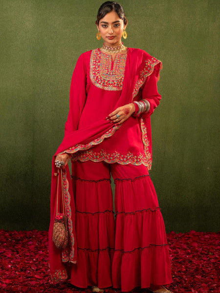 Women Embroidered Thread Work Kurta with Sharara & Dupatta Set VitansEthnics
