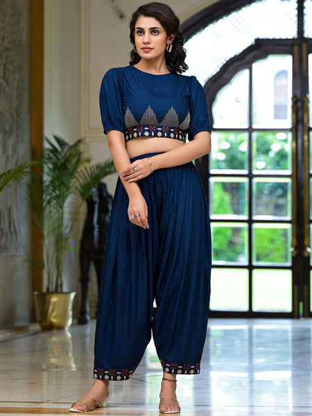 Women Geometric Thread Embroidered Top With Dhoti Pants Co-ords Set VitansEthnics