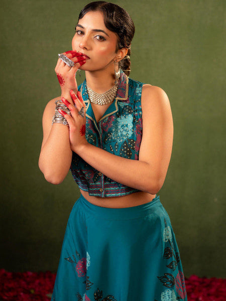 Women Teal Printed Top with Skirt Co-ords Set VitansEthnics