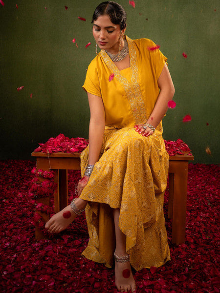 Women Yellow Embroidered Top with Skirt Co-ords Set VitansEthnics