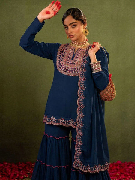 Women Ethnic Motifs Embroidered Kurta with Sharara & Dupatta Set VitansEthnics