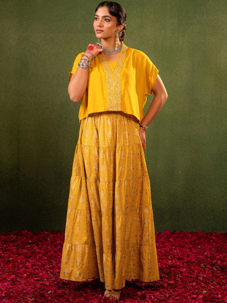 Women Yellow Embroidered Top with Skirt Co-ords Set VitansEthnics