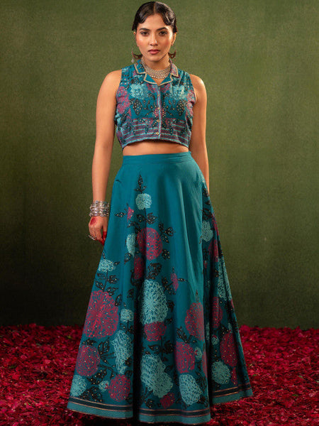 Women Teal Printed Top with Skirt Co-ords Set VitansEthnics