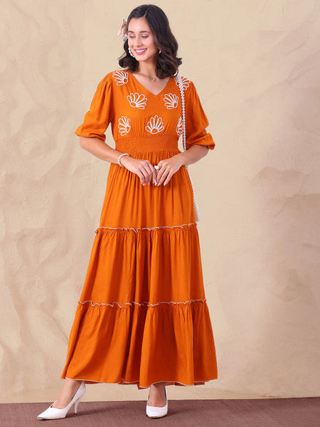 Women V-Neck Puff Sleeve Maxi Dress VitansEthnics