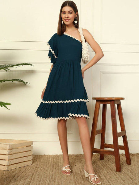 Women One Shoulder Ruffled Fit & Flare Dress VitansEthnics