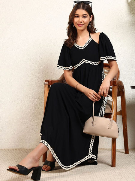 Women Halter Neck Ruffled Fit & Flare Maxi Dress VitansEthnics
