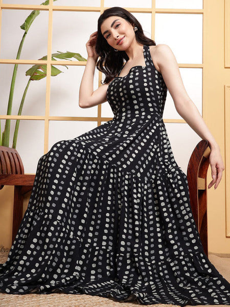 Women Polka Dot Printed Halter Neck Tiered Fit & Flare Maxi Dress VitansEthnics
