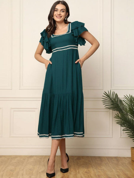 Women Flutter Sleeve Ruffled Fit & Flare Midi Dress VitansEthnics