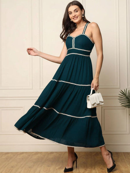 Women Teal Sweetheart Neck Fit & Flare Maxi Dress VitansEthnics