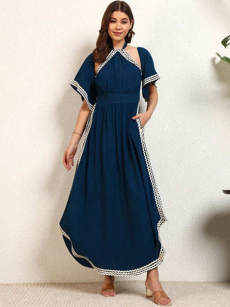 Women Halter Neck Flared Sleeve Slit A-Line Maxi Dress VitansEthnics
