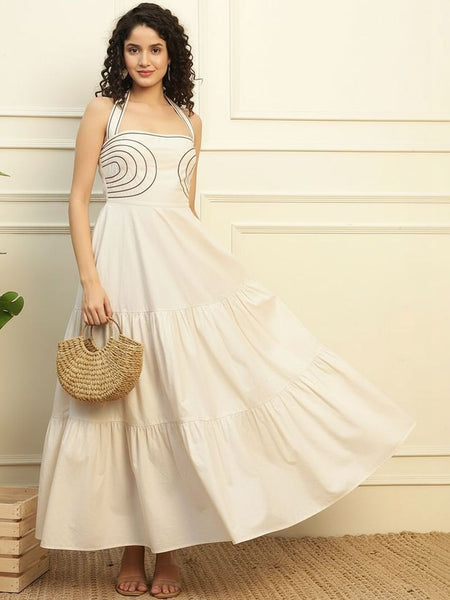 Womens Print Halter Neck Fit & Flare Maxi Dress VitansEthnics