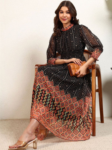 Women Print Chiffon A-Line Midi Dress VitansEthnics