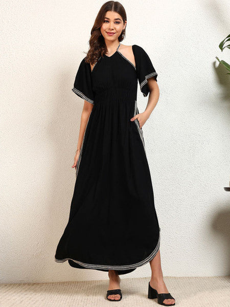 Women Solid Halter Neck Slit A-Line Maxi Dress VitansEthnics