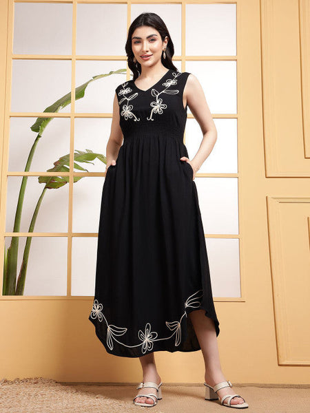 Women Floral Embroidered A-Line Midi Dress VitansEthnics