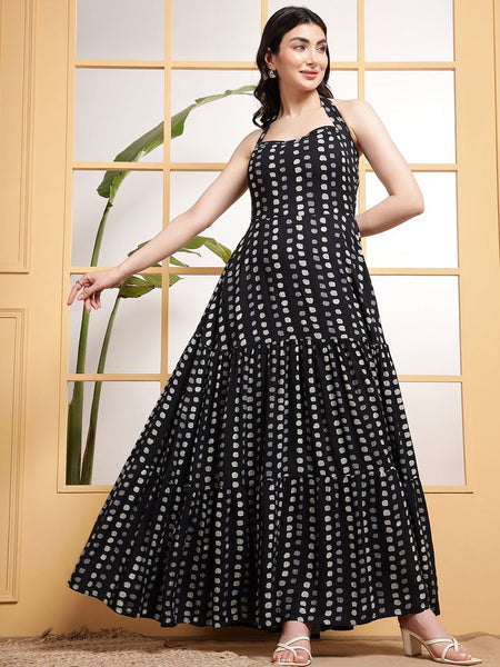 Women Polka Dot Printed Halter Neck Tiered Fit & Flare Maxi Dress VitansEthnics