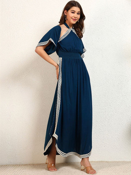 Women Halter Neck Flared Sleeve Slit A-Line Maxi Dress VitansEthnics