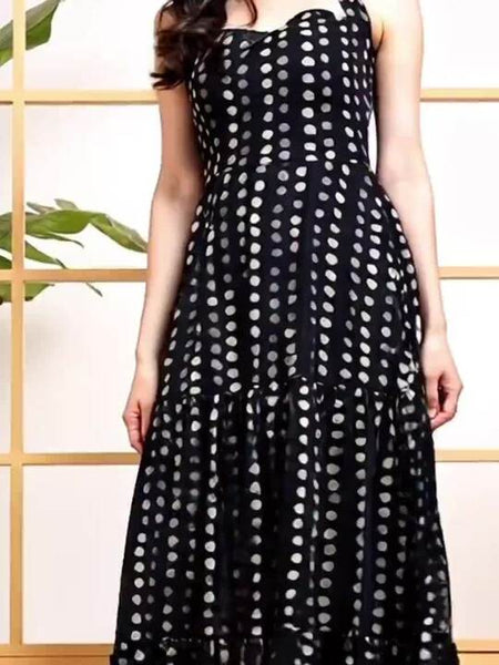 Women Polka Dot Printed Halter Neck Tiered Fit & Flare Maxi Dress VitansEthnics