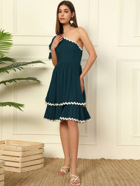 Women One Shoulder Ruffled Fit & Flare Dress VitansEthnics