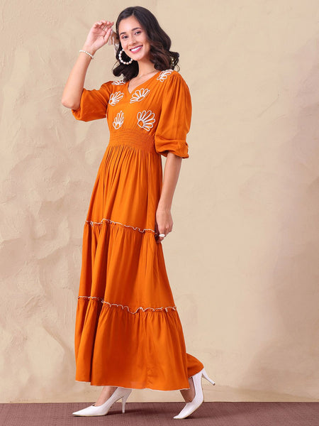 Women V-Neck Puff Sleeve Maxi Dress VitansEthnics