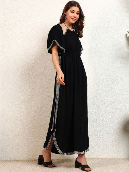 Women Solid Halter Neck Slit A-Line Maxi Dress VitansEthnics