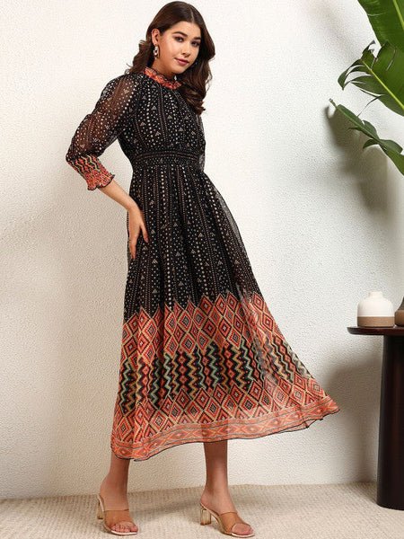 Women Print Chiffon A-Line Midi Dress VitansEthnics