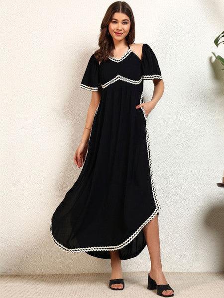 Women Halter Neck Ruffled Fit & Flare Maxi Dress VitansEthnics