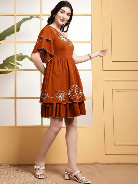 Womens Floral Embroidered Flared Sleeve Fit & Flare Midi Dress VitansEthnics