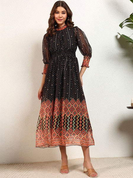 Women Print Chiffon A-Line Midi Dress VitansEthnics