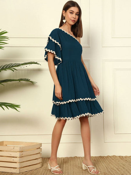 Women One Shoulder Ruffled Fit & Flare Dress VitansEthnics