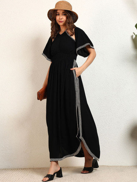 Women Solid Halter Neck Slit A-Line Maxi Dress VitansEthnics