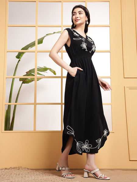 Women Floral Embroidered A-Line Midi Dress VitansEthnics