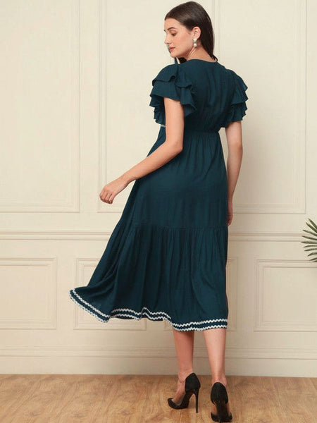 Women Flutter Sleeve Ruffled Fit & Flare Midi Dress VitansEthnics