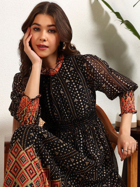 Women Print Chiffon A-Line Midi Dress VitansEthnics