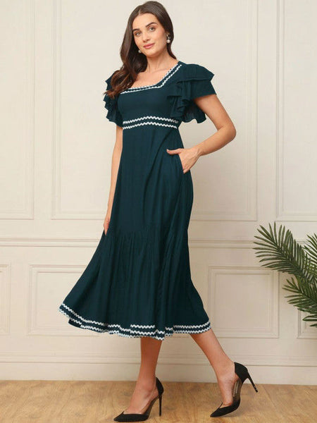 Women Flutter Sleeve Ruffled Fit & Flare Midi Dress VitansEthnics