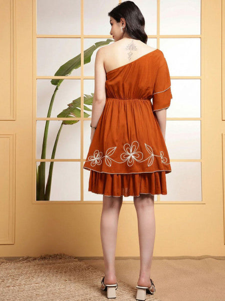 Womens Floral Embroidered Flared Sleeve Fit & Flare Midi Dress VitansEthnics