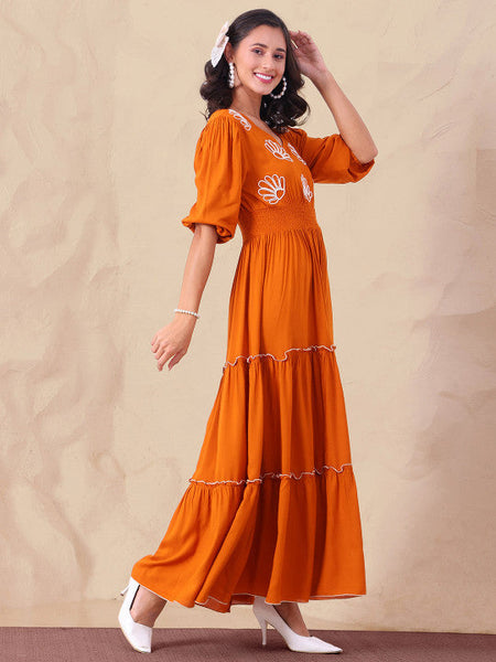Women V-Neck Puff Sleeve Maxi Dress VitansEthnics